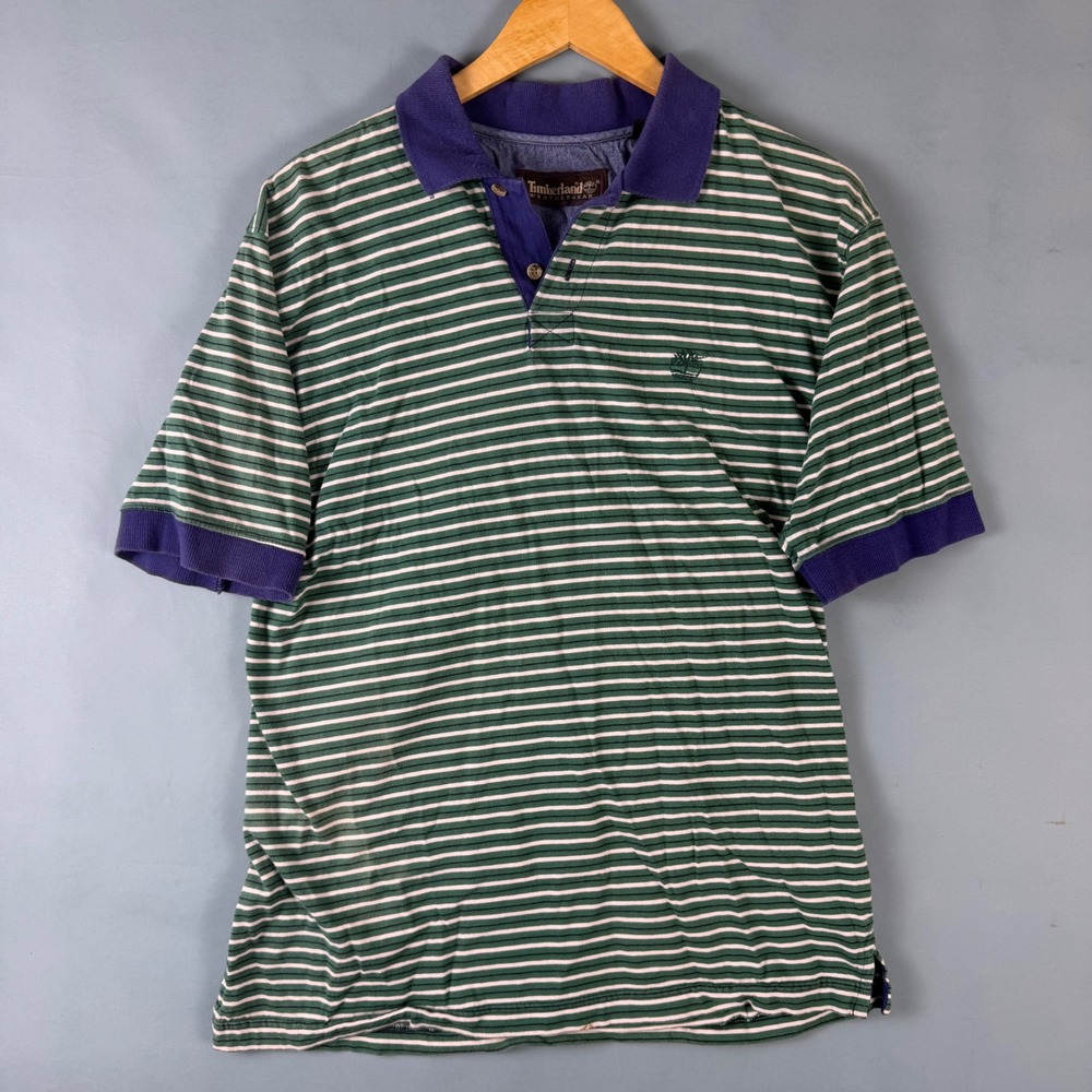 Vintage 90s Y2K Timberland Weathergear Men's S Green Blue Striped Polo Shirt
